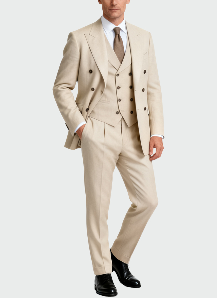 light-beige-double-breasted-three-piece-suit-formal-wedding-business-wear